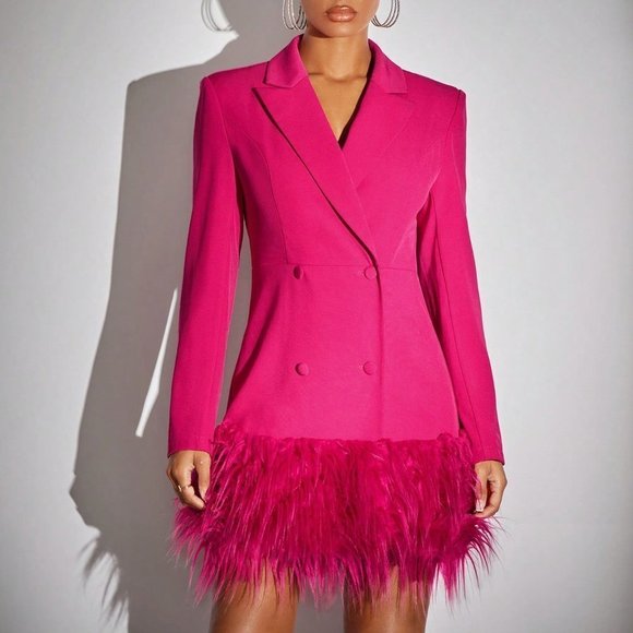 . Dresses & Skirts - Hot Pink Preppy Womens Double Breasted Fuzzy Hem Blazer Dress